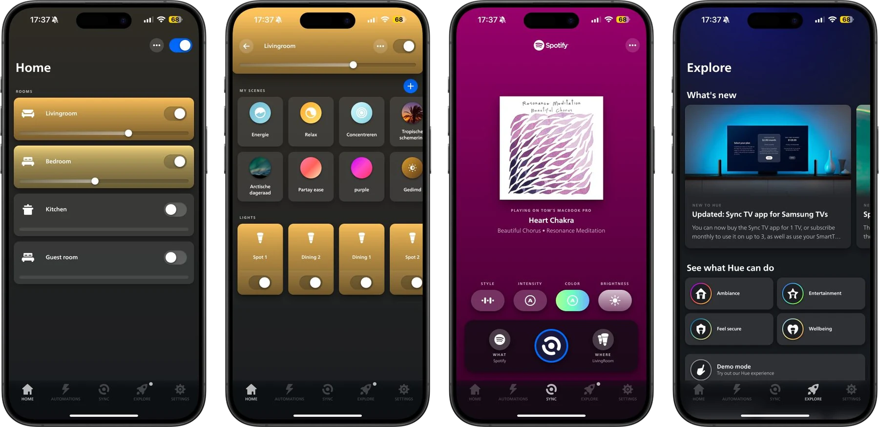 Four Philips Hue app screens for lighting control and exploration